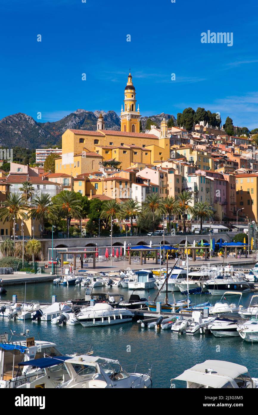The harbour of Menton, with the basilica of Saint-Michel-Archange beyond, French Riviera, France Stock Photo