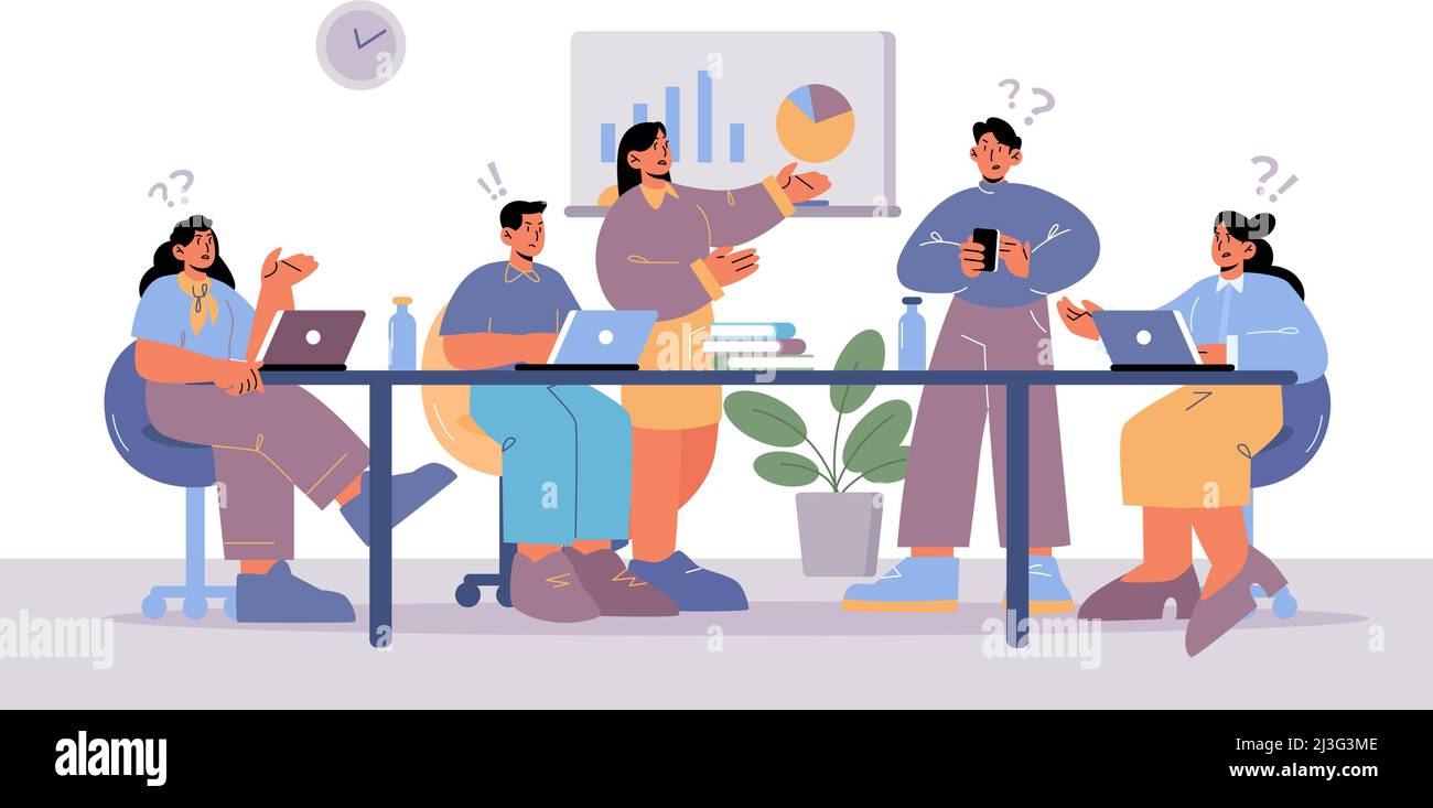 Business meeting, team conference, office employees discussion or consulting. Company leader or coach pointing on charts explaining strategy and finan Stock Vector