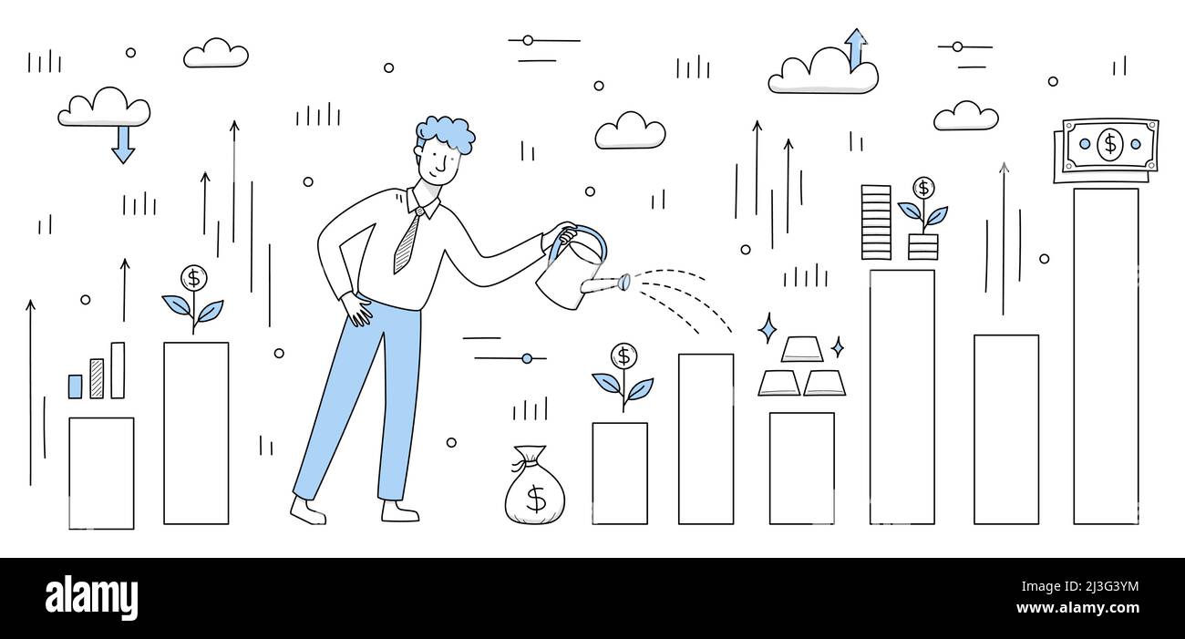 Finance investment, money grow doodle concept with businessman water