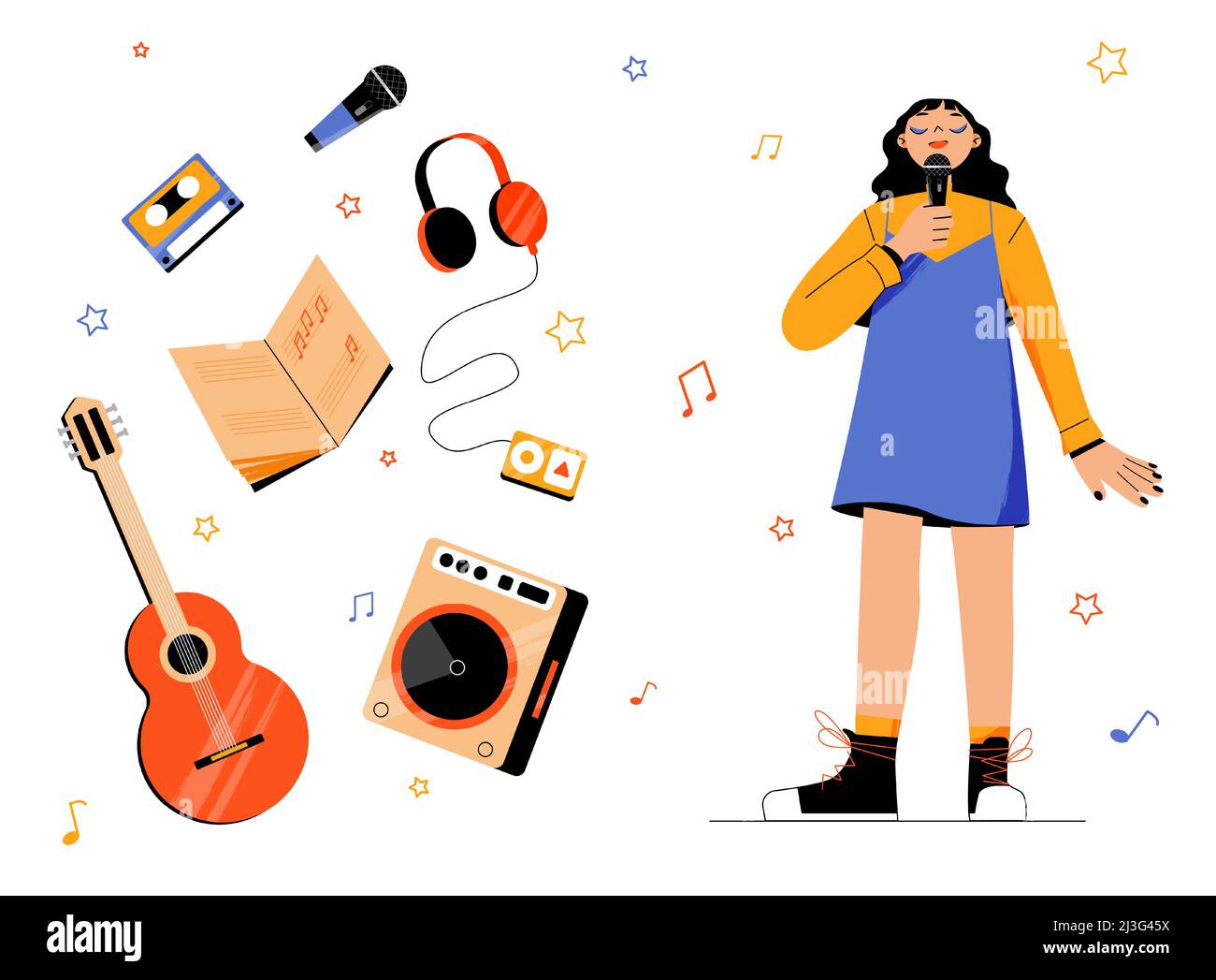 Music and singing hobby concept. Young girl sing with microphone and musical items around. Karaoke entertainment, vocalist classes learning or recreat Stock Vector
