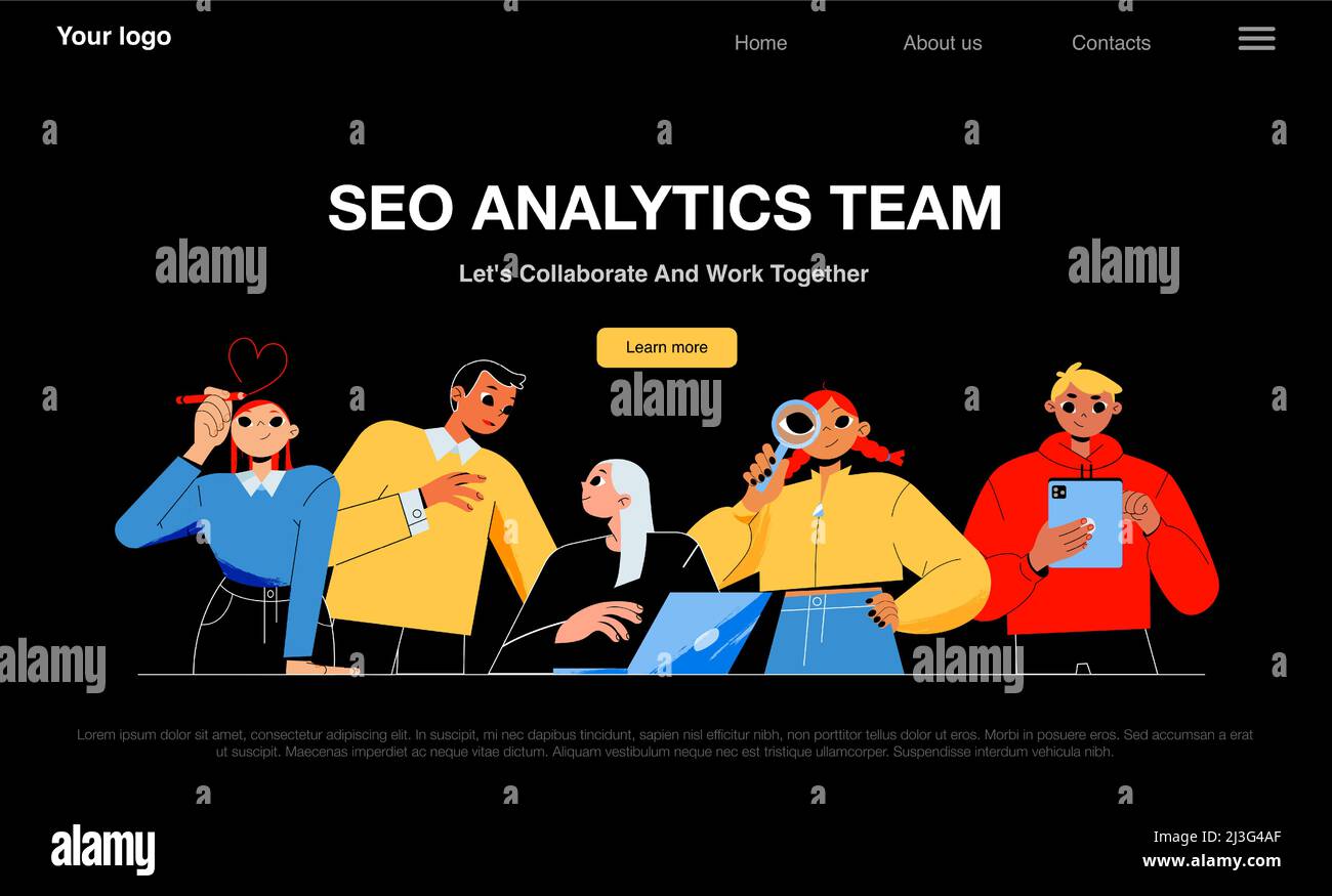 SEO analytics team banner with people work together. Vector night mode of landing page of search engine optimization company with flat illustration of Stock Vector