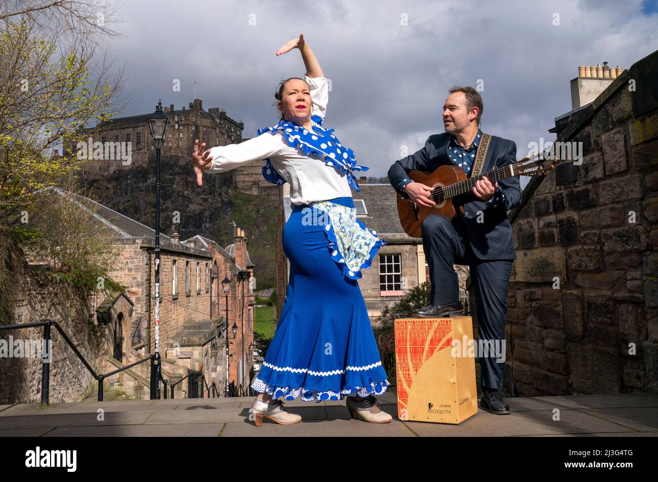 Flamenco dancer Inma Montero and her husband Danielo Olivera, from TuFlamenco, perform at The Vennel below Edinburgh Castle for the launch of Feria de Abril, the Spanish Film Festival that takes place across Edinburgh and Glasgow from April 12-25 to celebrate the cinema of Andalusia, run by Scotland-based Spanish film fanatics CinemaAttic. Picture date: Friday April 8, 2022. Stock Photo