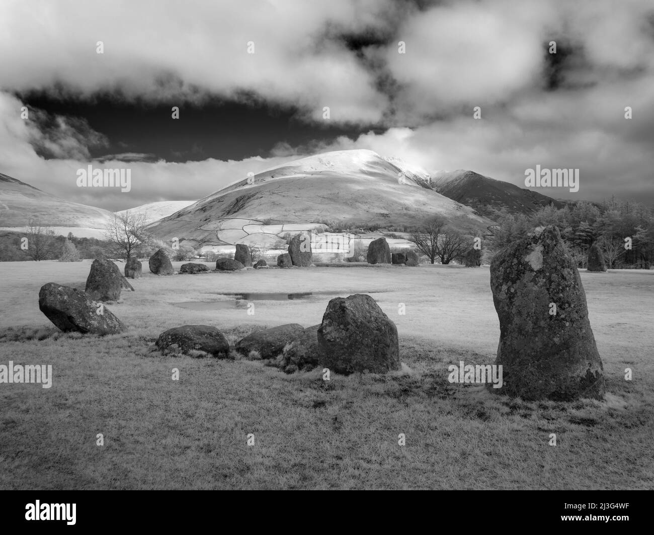 An infrared image of Castlerigg Stone Circle with Blencathra or Saddleback fell beyond in the English Lake District National Park, Cumbria, England. Stock Photo