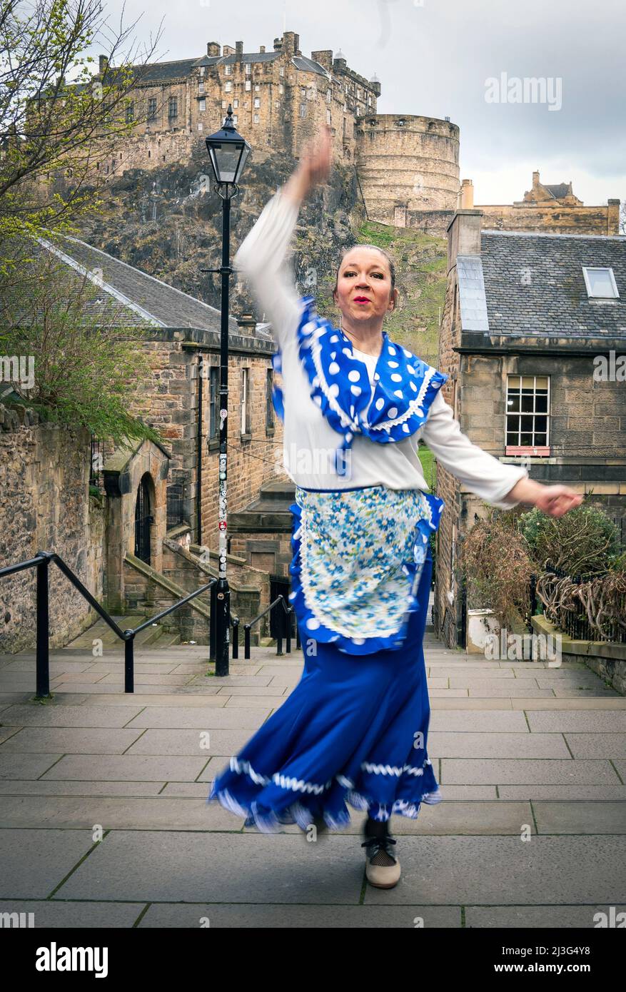 Flamenco dancer Inma Montero, from TuFlamenco, performs at The Vennel below Edinburgh Castle for the launch of Feria de Abril, the Spanish Film Festival that takes place across Edinburgh and Glasgow from April 12-25 to celebrate the cinema of Andalusia, run by Scotland-based Spanish film fanatics CinemaAttic. Picture date: Friday April 8, 2022. Stock Photo