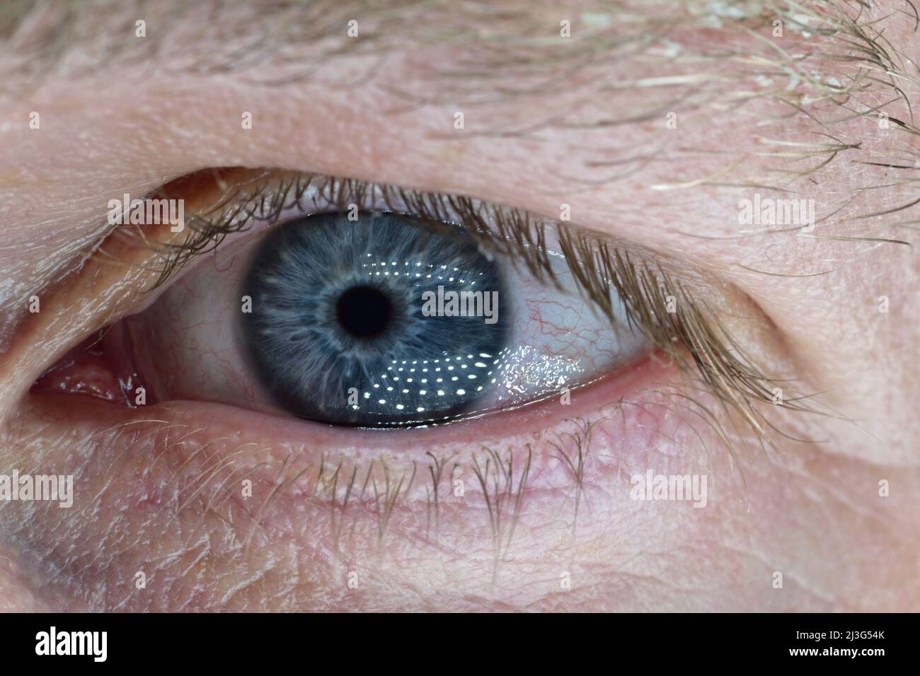 Close up of bright blue eye with light reflections (no filter, not edited) Stock Photo