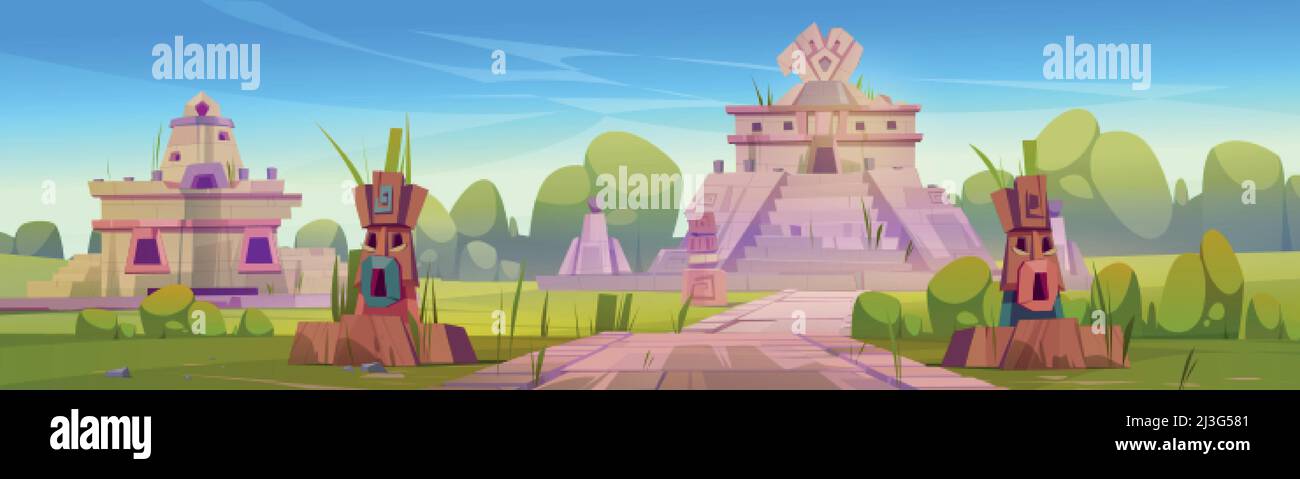 Ancient ruins of aztec temple, statues and pyramid. Vector cartoon illustration of summer landscape with tropical forest and abandoned village of meso Stock Vector