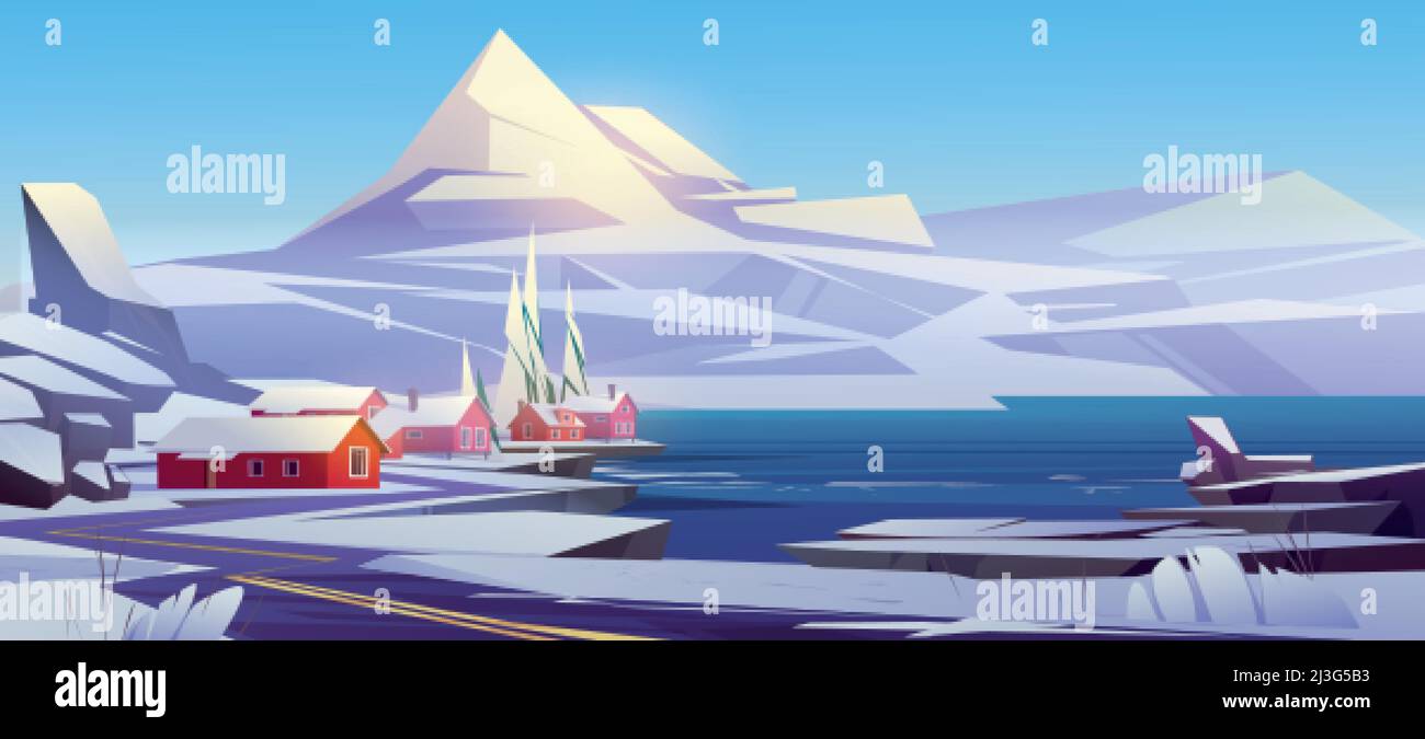 Nordic landscape with white mountains, car road and village on lake ...
