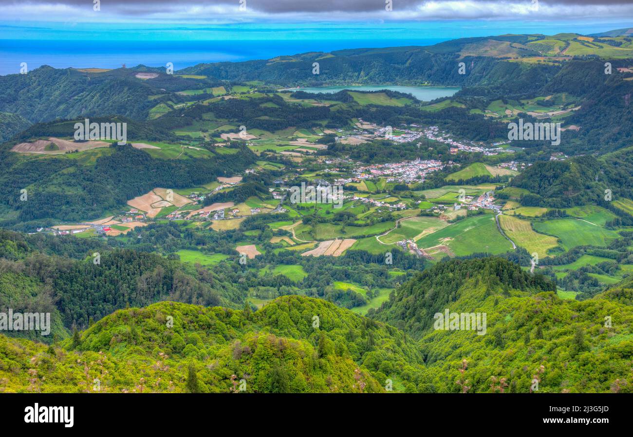 Aerial view of Furnas town at Sao Miguel island, Azores, Portugal Stock