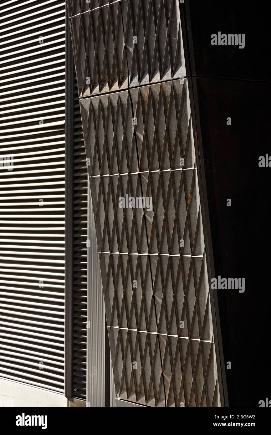 Detail of cast iron facade. 66 Shoe Lane, London, United Kingdom. Architect: Stiff + Trevillion Architects, 2020. Stock Photo