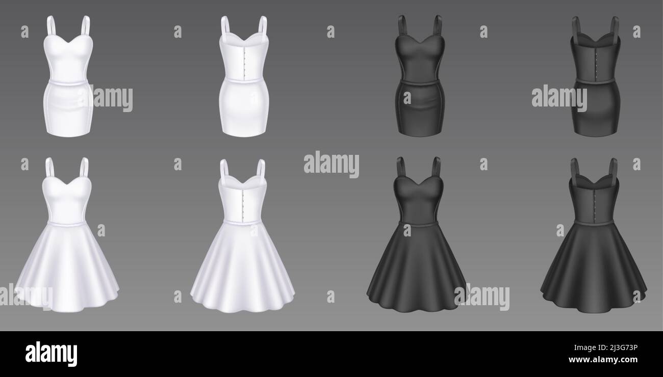 Women cocktail and sheath dresses in front and back view. Vector realistic 3d mockup of black and white girls evening gown with short skirt and sweeth Stock Vector