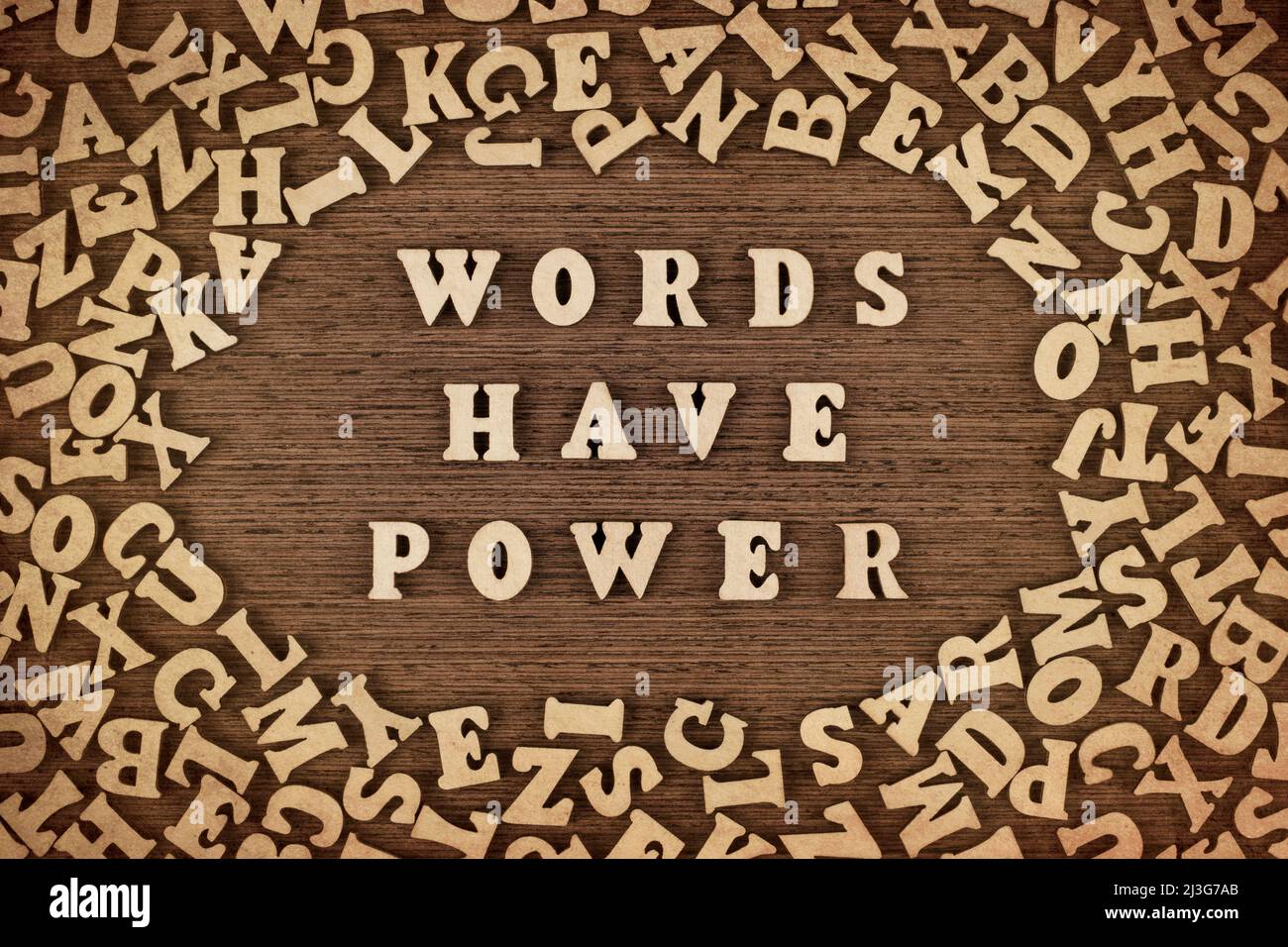 Words have power phrase made with wooden letters on table, concept. Stock Photo