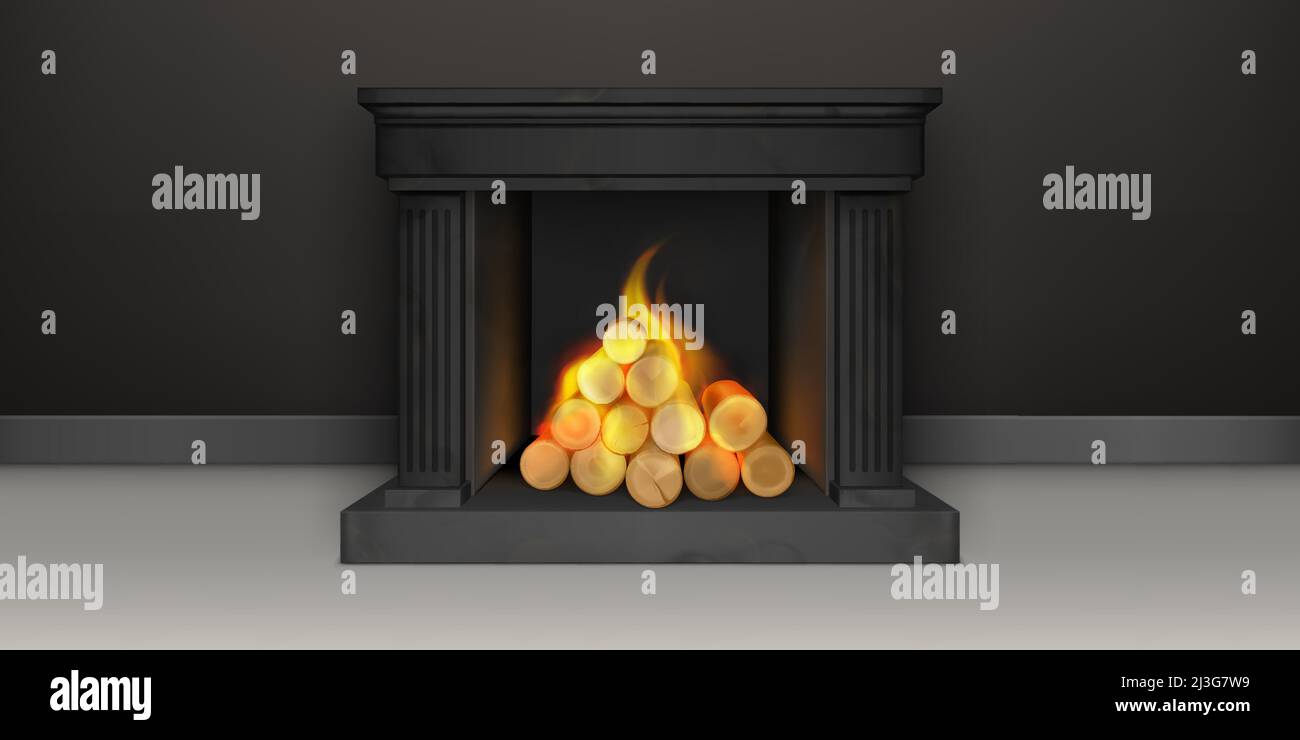 Fireplace with burning woods, black marble or gypsum chimney, classic fire place with flaming logs, home interior decor, vintage house design, cozy he Stock Vector