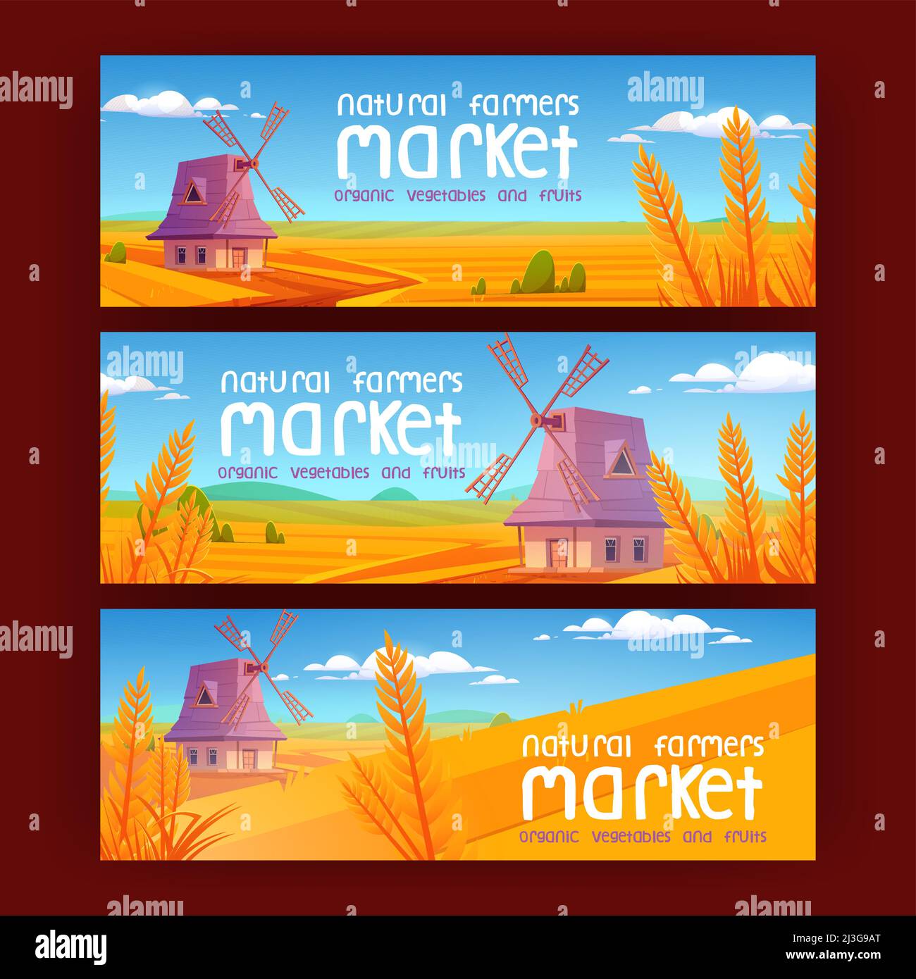 Natural farmer market cartoon banners. Windmill on farm nature rural  background with ripe wheat ear on yellow field and under blue sky.  Advertisement Stock Vector Image & Art - Alamy