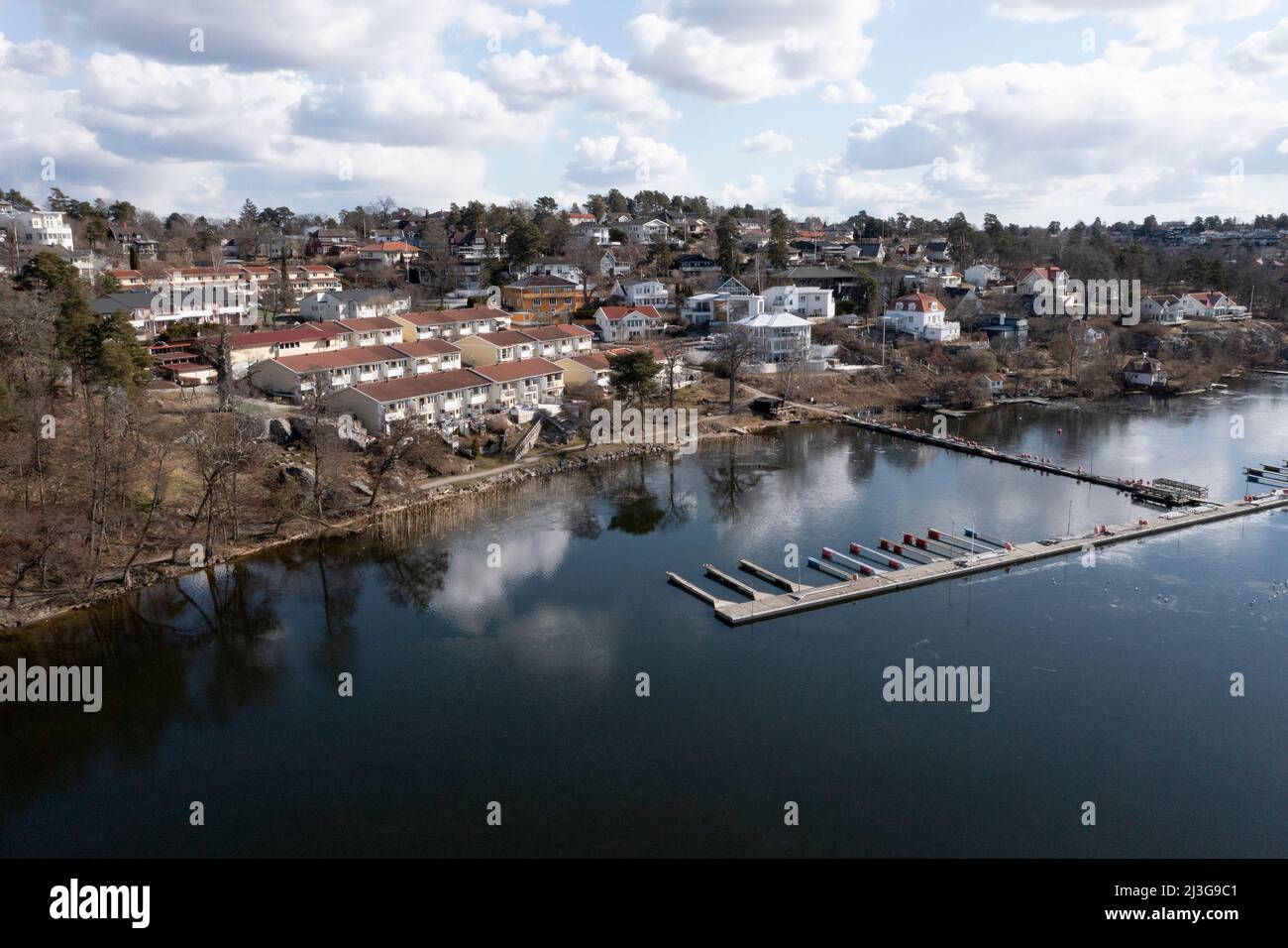 View of Hässelby with the shores of Lake Mälaren. Stock Photo