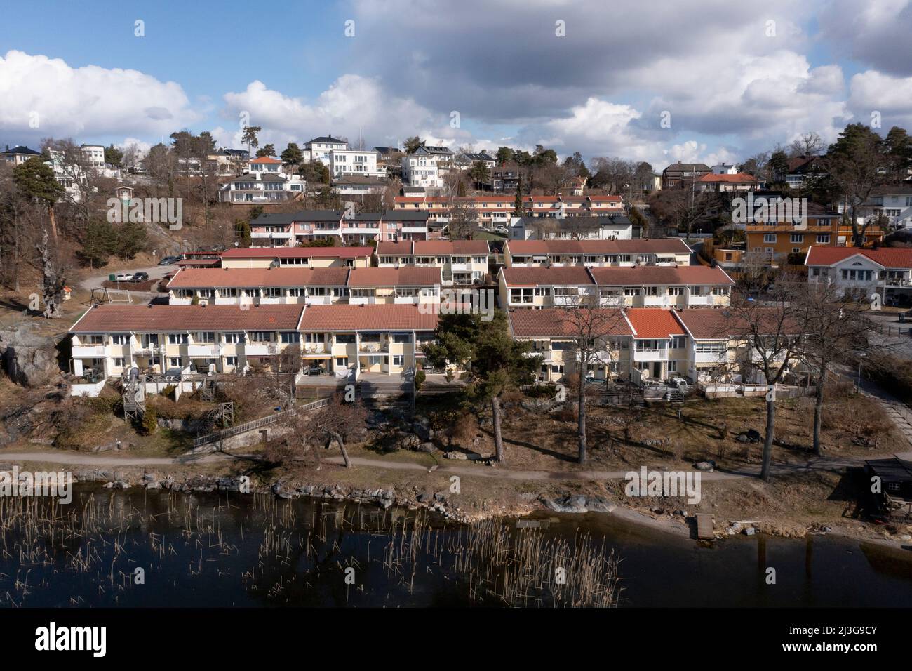 View of Hässelby with the shores of Lake Mälaren. Stock Photo