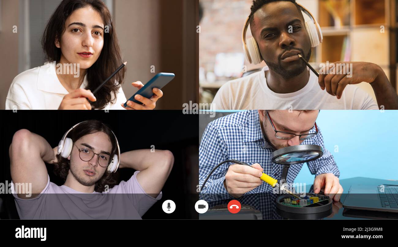 Poeple having online video call, watching man solving, fixing
