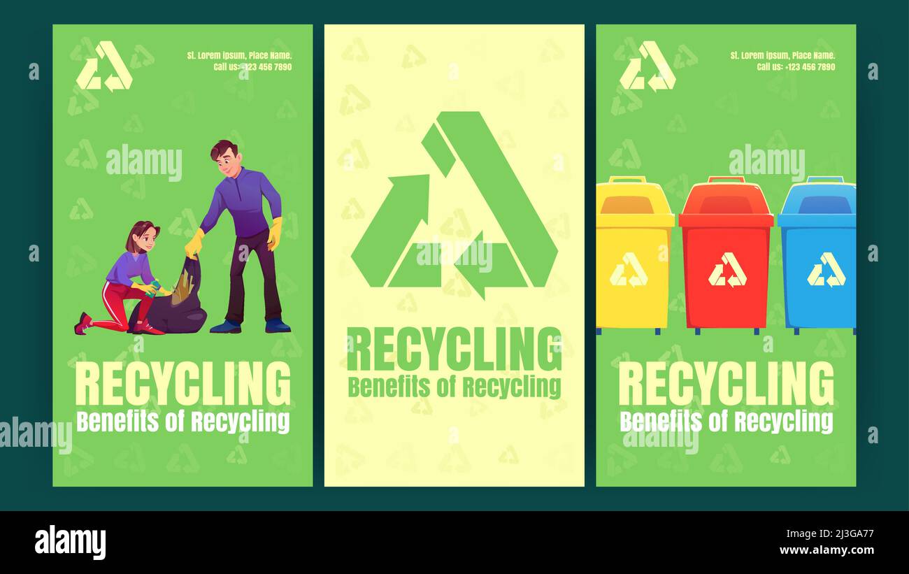 Benefits of recycling infographics posters with people clean up and trash recycle. Volunteers