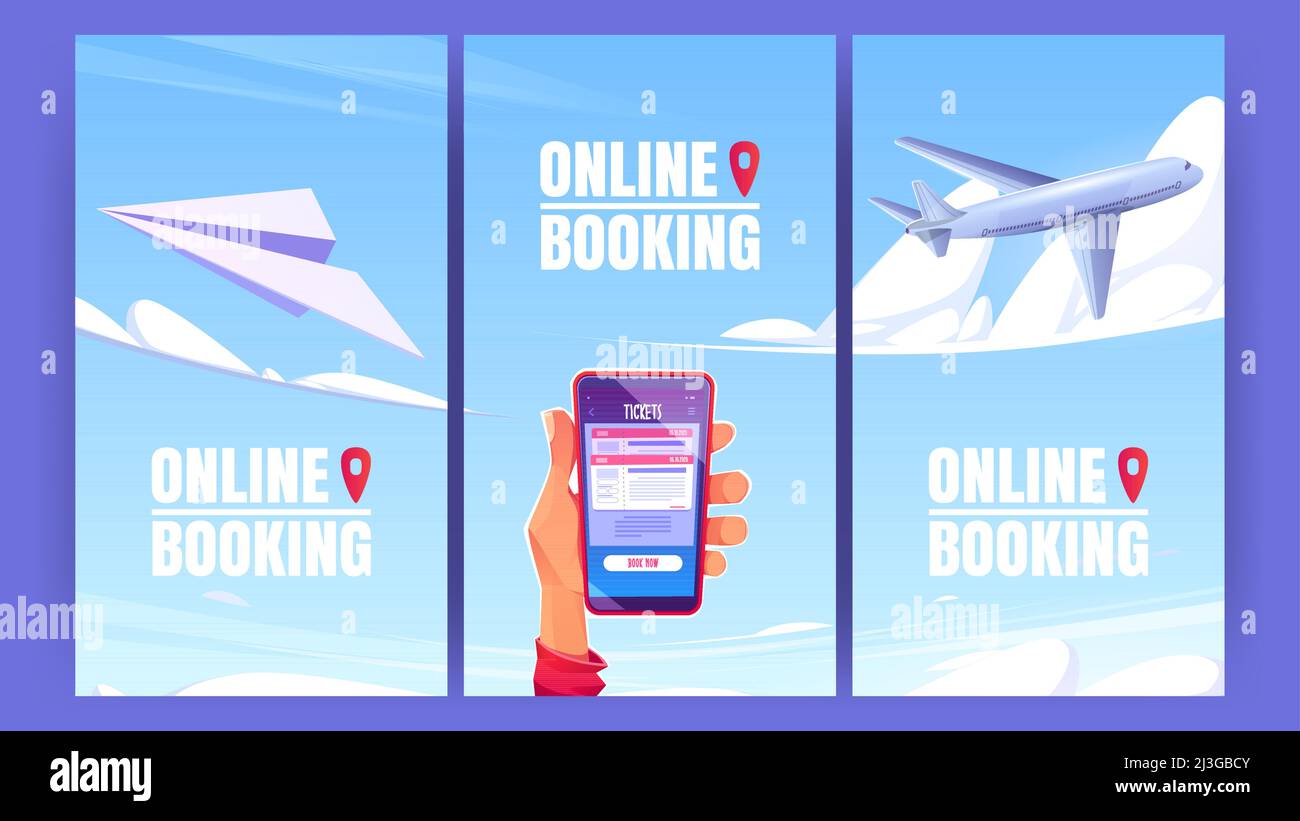 Online booking cartoon posters. Internet service for book and buy plane  tickets. Banners with human hand holding mobile phone on blue sky  background w Stock Vector Image & Art - Alamy