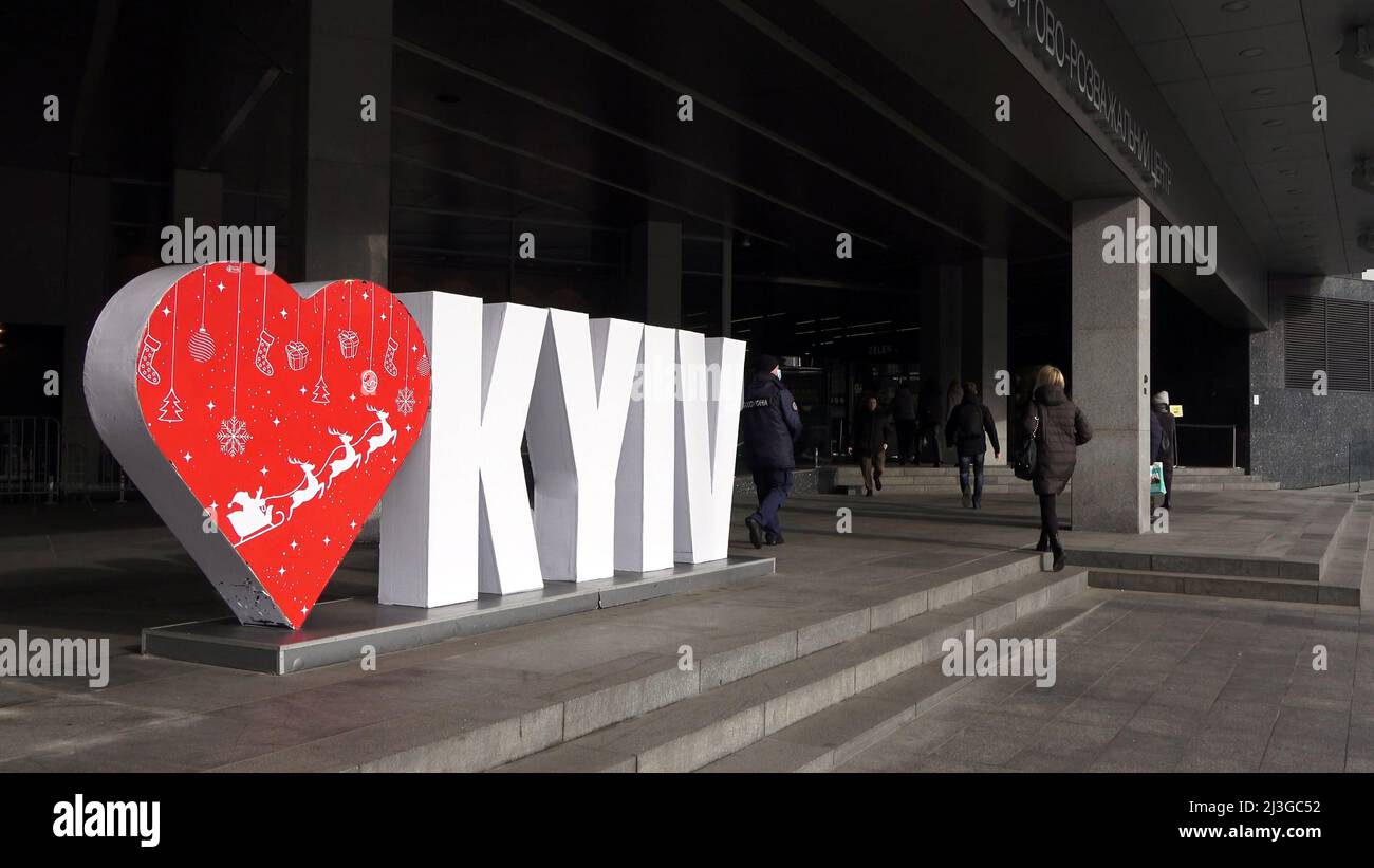 The sign composed of the inscription 'Love Kyiv' placed outside Guliver shopping mall in Kyiv, Ukraine Stock Photo