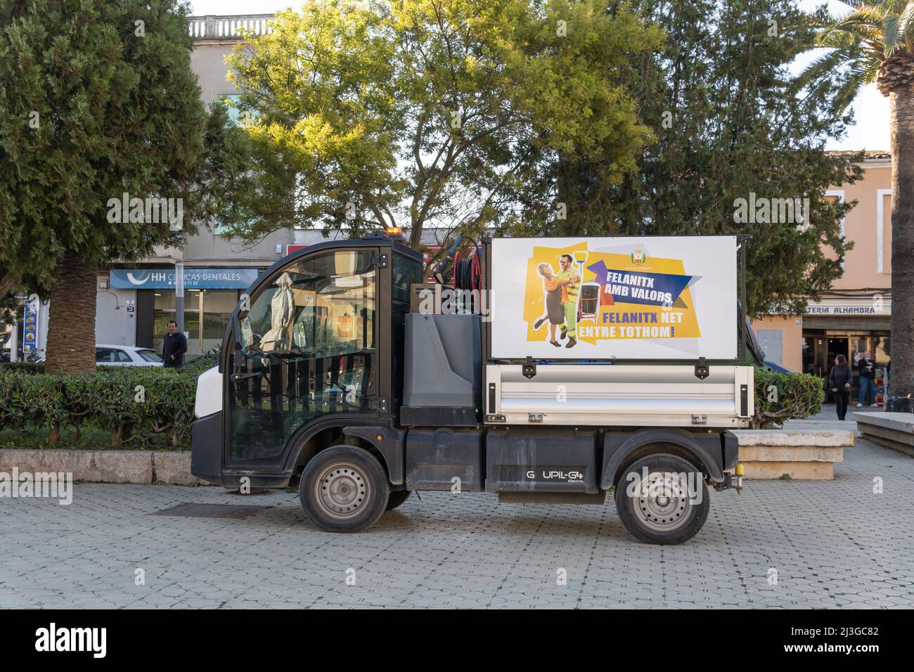 Felanitx, Spain; april 01 2022: Mobile maintenance and cleaning unit of the Mallorcan town of Felanitx, parked in a central square. Spain Stock Photo