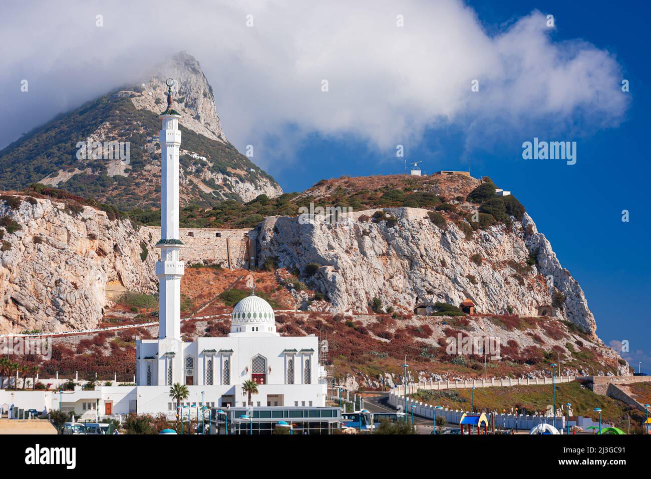 Rock of Gibraltar and Ibrahim-al-Ibrahim Mosque in the afternoon. Stock Photo