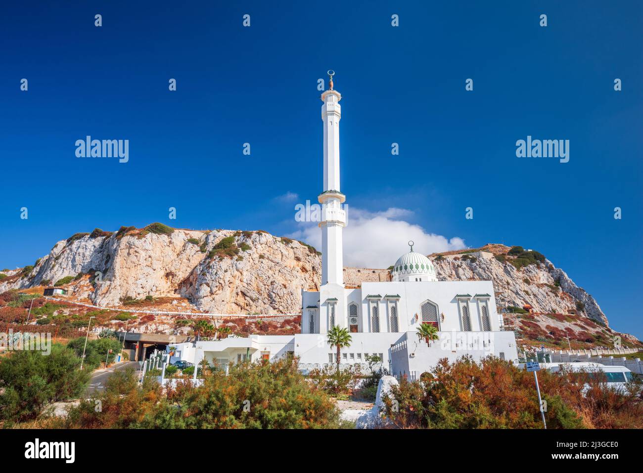 Rock of Gibraltar and Ibrahim-al-Ibrahim Mosque in the afternoon. Stock Photo