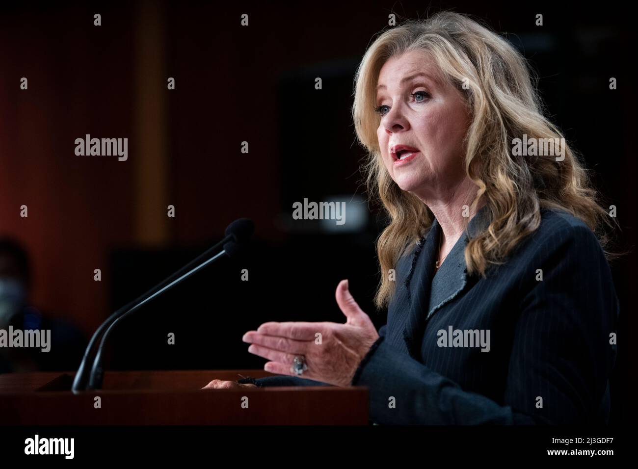 United States Senator Marsha Blackburn (Republican of Tennessee) offers remarks of her opposition to the pending confirmation of Judge Ketanji Brown Jackson to be an Associate Justice of the Supreme Court of the United States, prior to the Senate vote at the US Capitol in Washington, DC, Thursday, April 7, 2022. Credit: Rod Lamkey / CNP/Sipa USA Stock Photo