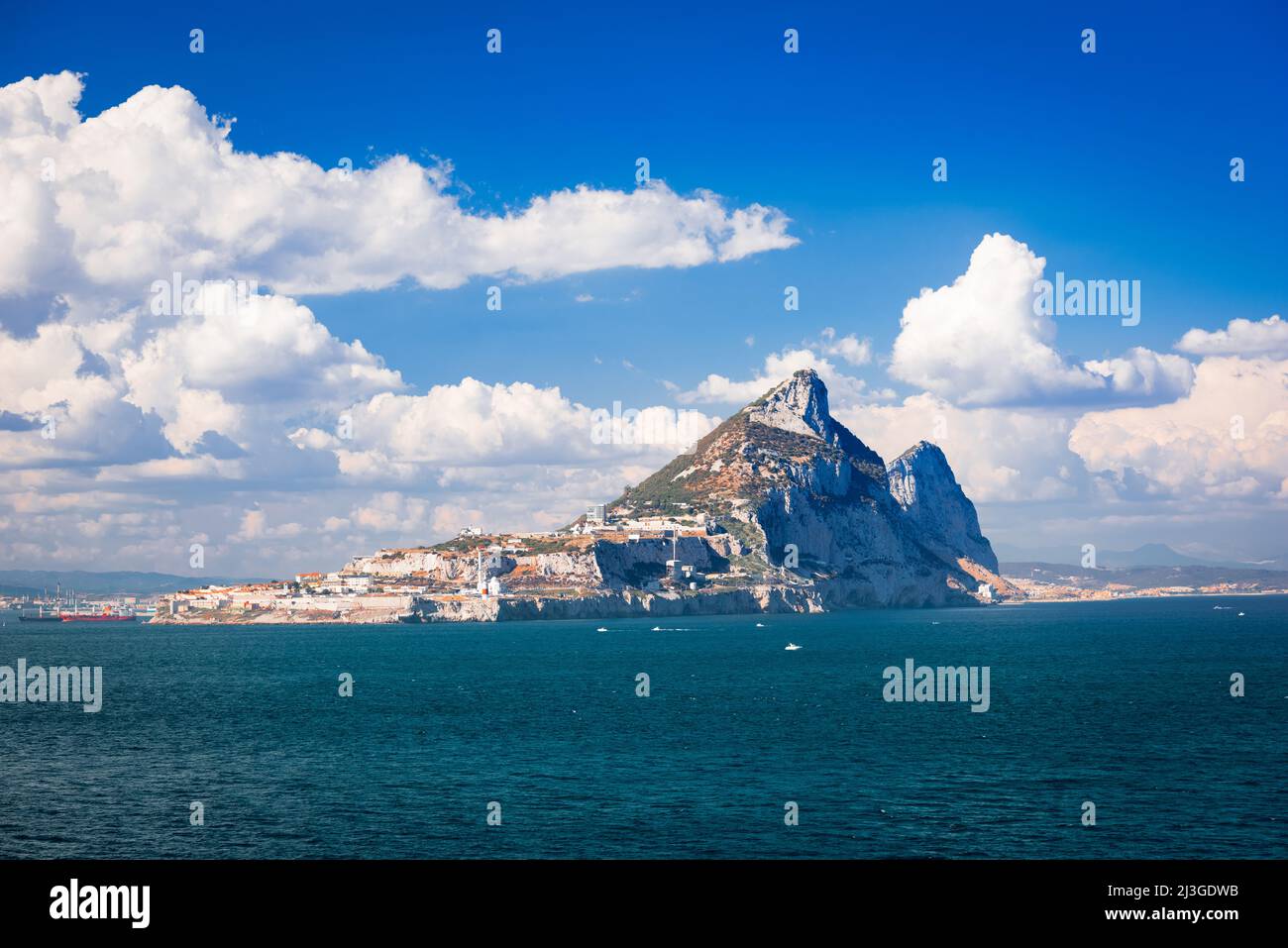 The Rock of Gibraltar,  a British Overseas Territory located at the southern tip of the Iberian Peninsula. Stock Photo