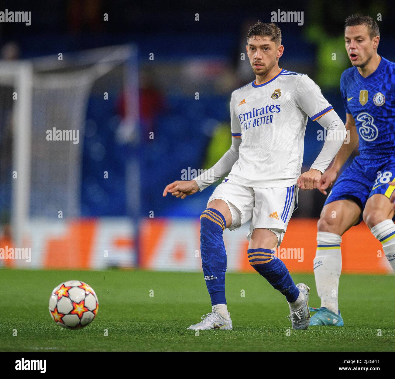 06 April 2022 - Chelsea v Real Madrid - UEFA Champions League - Quarter Final - First Leg - Stamford Bridge  Federico Valverde during the Champions League match against Chelsea Picture Credit : © Mark Pain / Alamy Live News Stock Photo