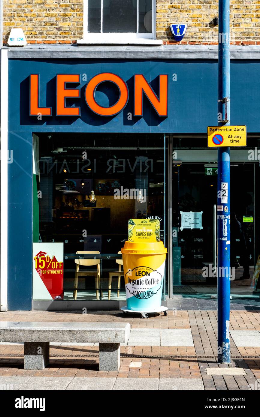 Kingston Upon Thames London UK, April 07 2022, Leon Fast Food High Street Restaurant Shop Front With Sign And Logo No People Stock Photo