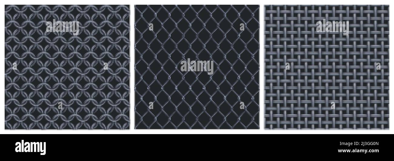 Metal net seamless patterns. Textures of iron grid, steel mesh