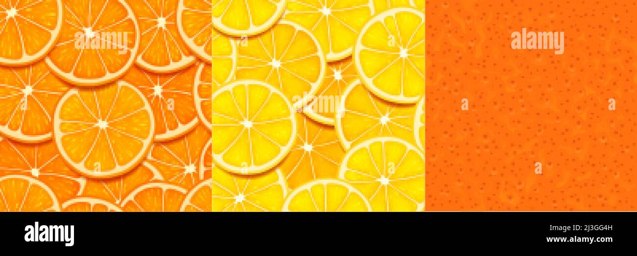 Textures of orange, lemon slices and peel. Seamless patterns with citrus fruit pieces and skin. Vector bright backgrounds of cut tropical fruit and or Stock Vector