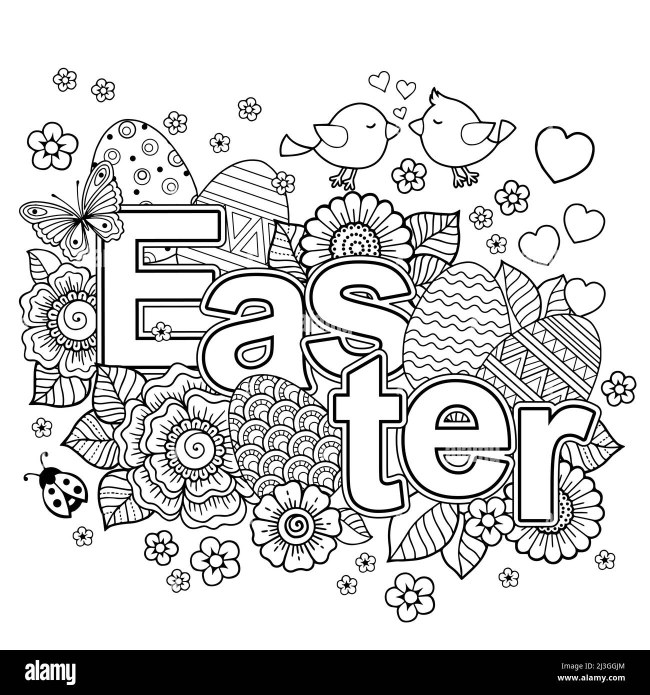 Happy Easter. Vector easter eggs, bunny and beards and flowers. Cute Coloring book for adults Stock Vector