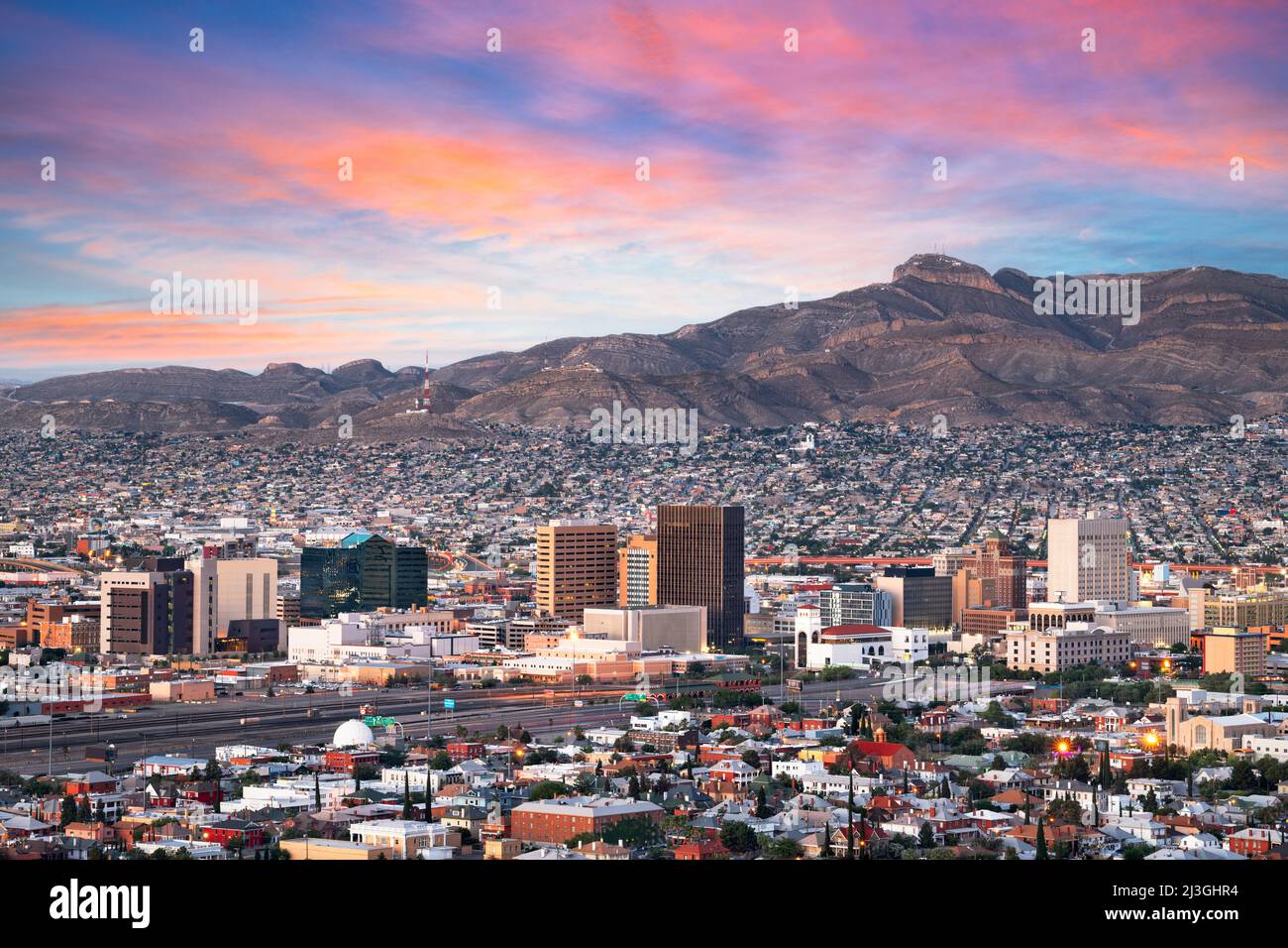 El Paso, Texas, USA downtown city skyline at dusk with Juarez, Mexico ...