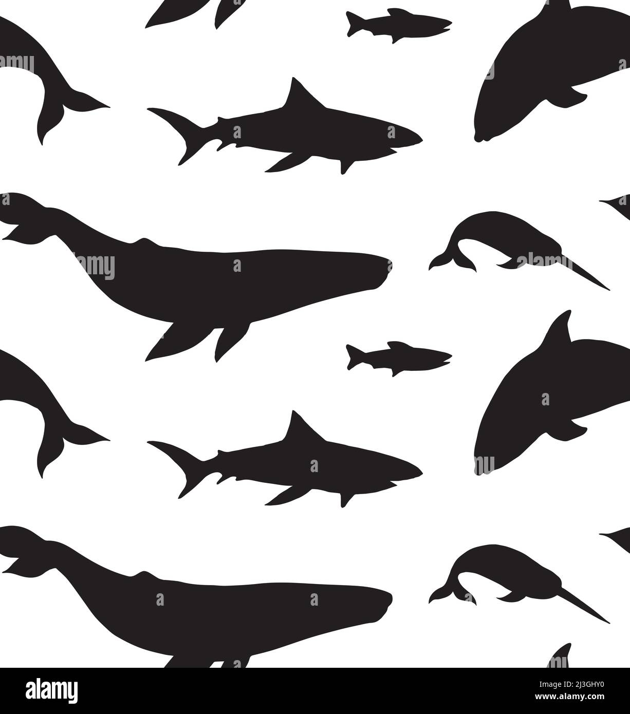 Vector seamless pattern of fish whales and sharks silhouette isolated ...
