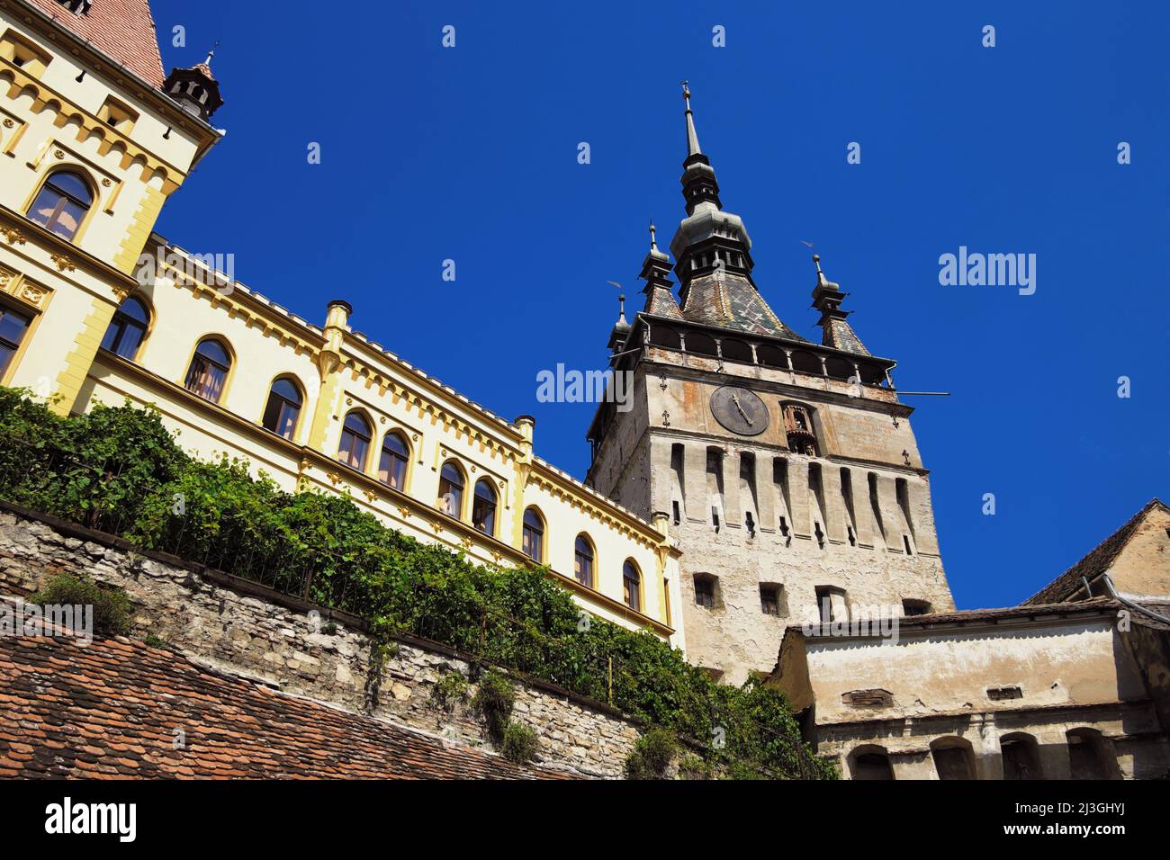 Sighisoara Clock Tower in medieval fortified town, Romania Stock Photo
