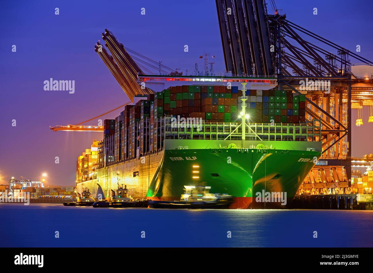 Ever Alp (Evergreen), the Ultra Large Container Carrier at the Port of Felixstowe - January 2022. Stock Photo