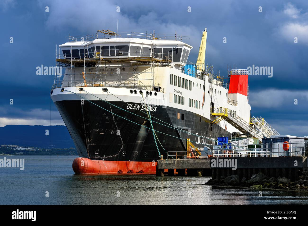 Glen Sannox under construction at the Ferguson shipyard, Port Glasgow. The ferry is years late, well over budget and embroiled in political scandal. Stock Photo