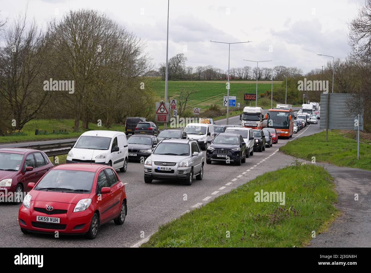 Traffic leaving the M20 in Kent, during Operation Brock, as freight delays continue at the Port of Dover, in Kent, where P&O ferry services remain suspended after the company sacked 800 workers without notice. Picture date: Friday April 8, 2022. Stock Photo