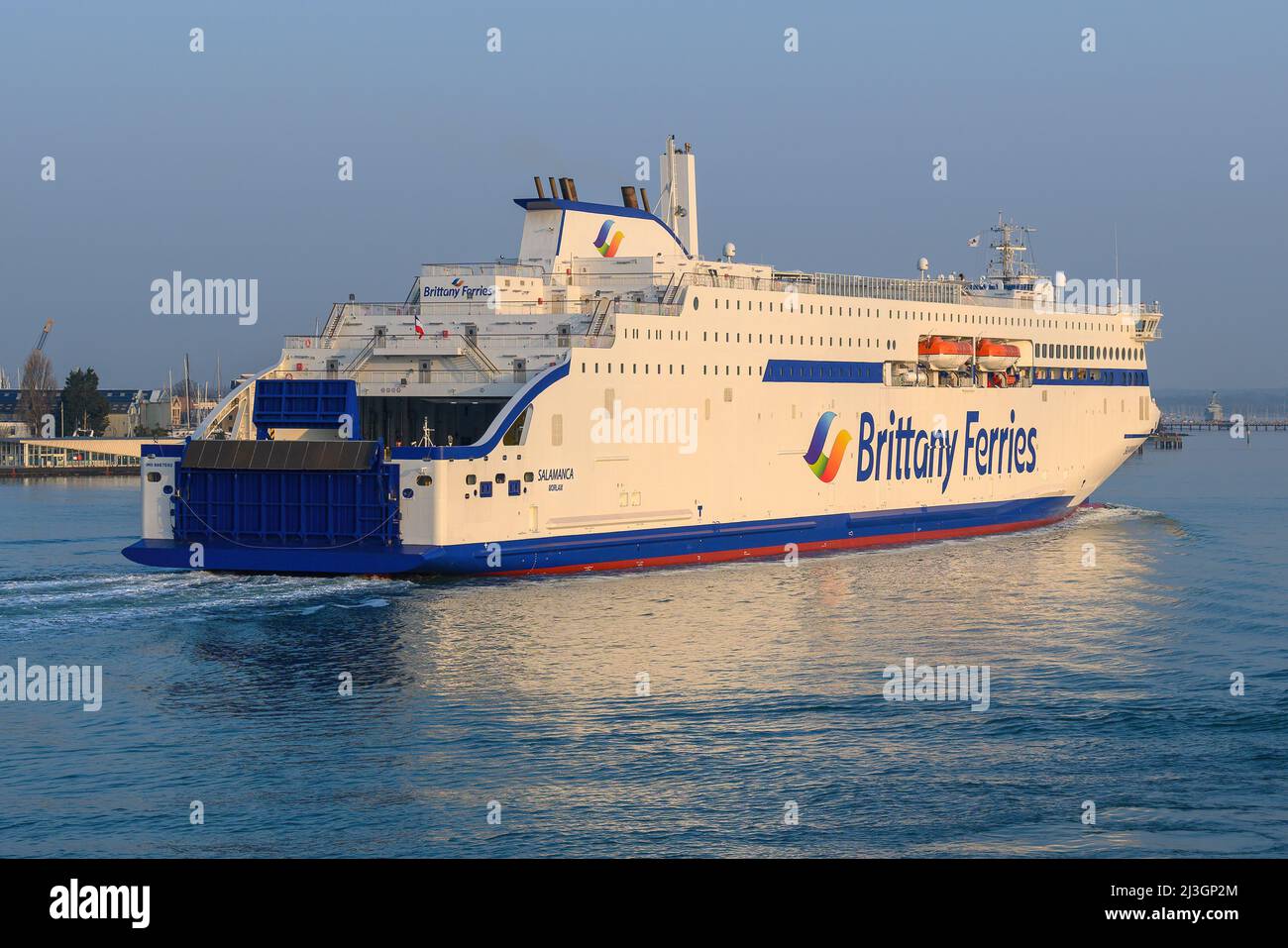 The LNG-powered cross-Channel ferry Salamanca is operated by Brittany Ferries on routes between Portsmouth, Bilbao and Cherbourg - March 2022. Stock Photo