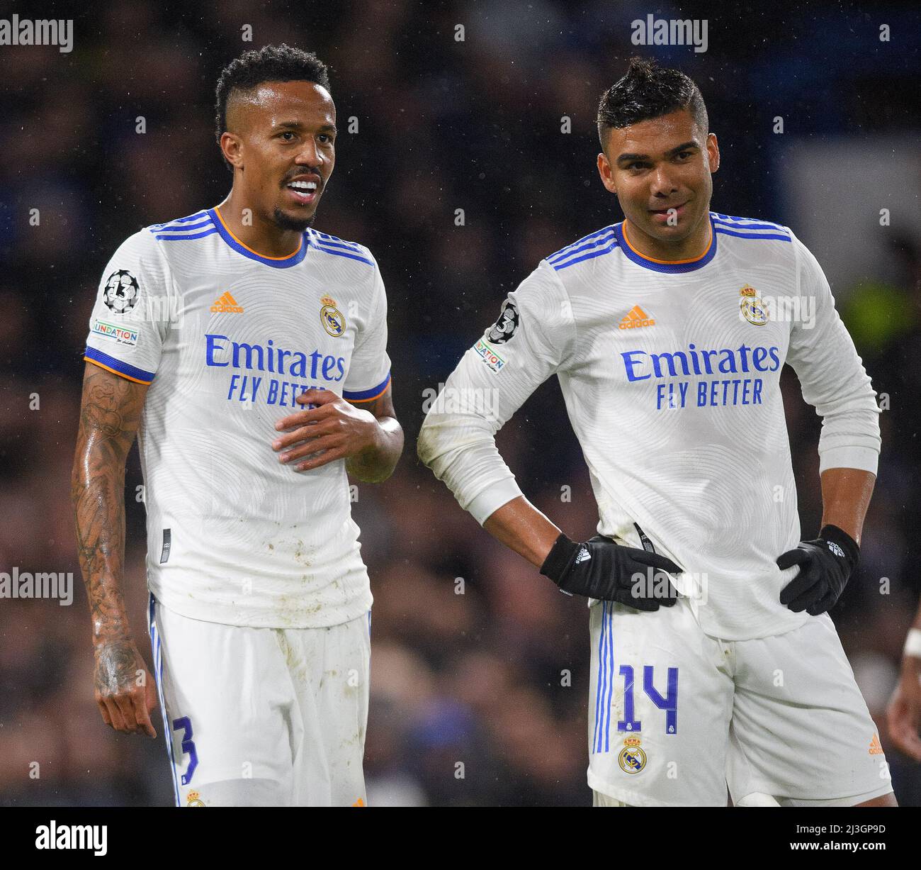 06 April 2022 - Chelsea v Real Madrid - UEFA Champions League - Quarter Final - First Leg - Stamford Bridge  Eder Militão and Casemiro during the Champions League match against Chelsea Picture Credit : © Mark Pain / Alamy Live News Stock Photo