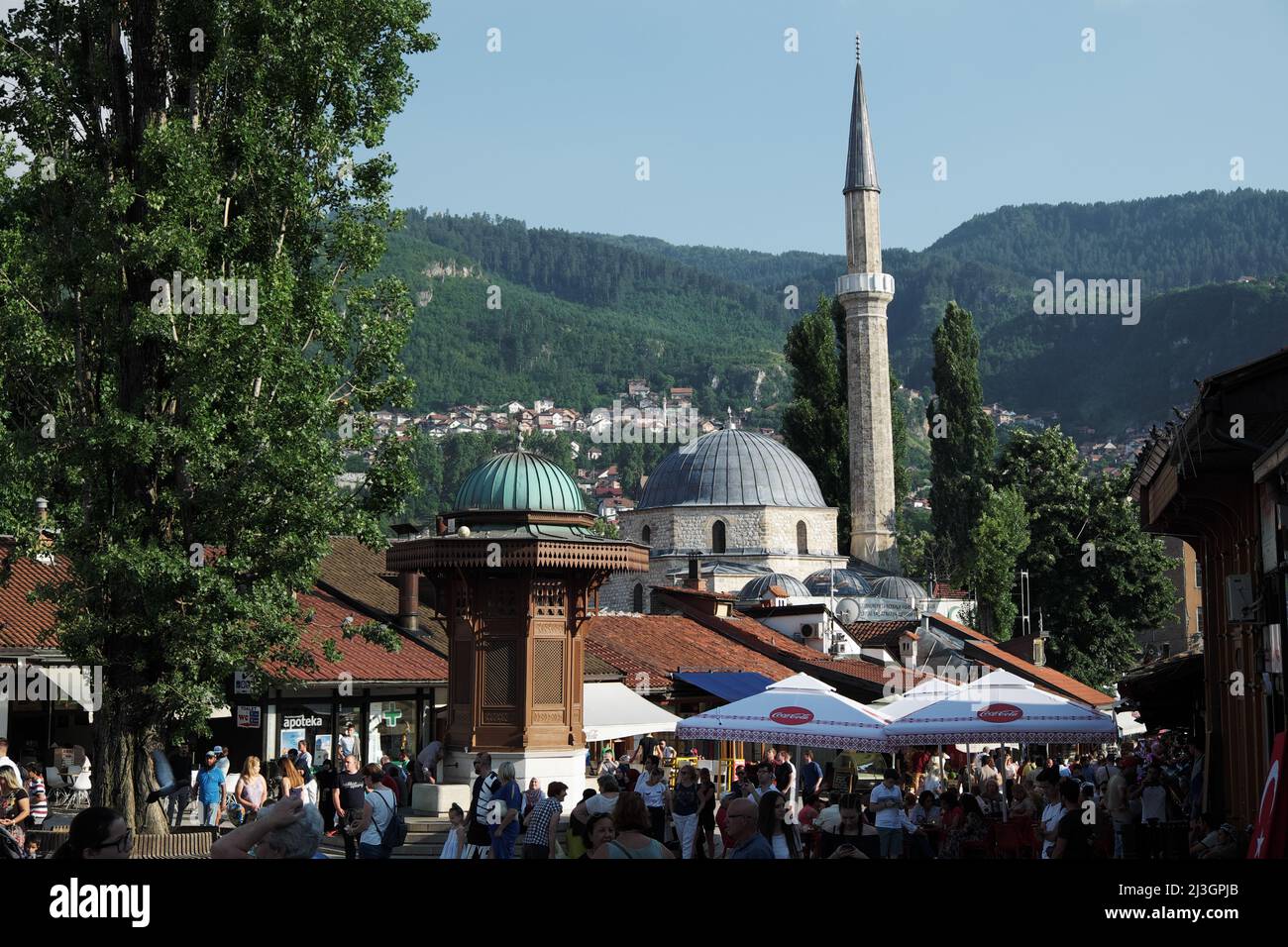 SARAJEVO, BOSNIA AND HERZEGOVINA - JULY 14, 2018: Sebilj wooden fountain in the centre of Bascarsija in Sarajevo, Bosnia And Herzegovina Stock Photo