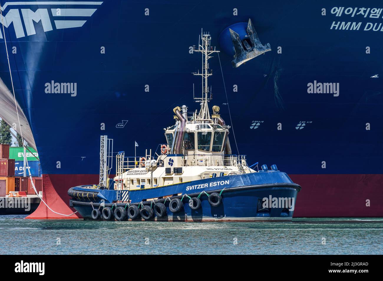 Svitzer Eston is a Damen ATD 2412 berthing tug operated by Svitzer Towage at the Port of Southampton - July 2020. Stock Photo