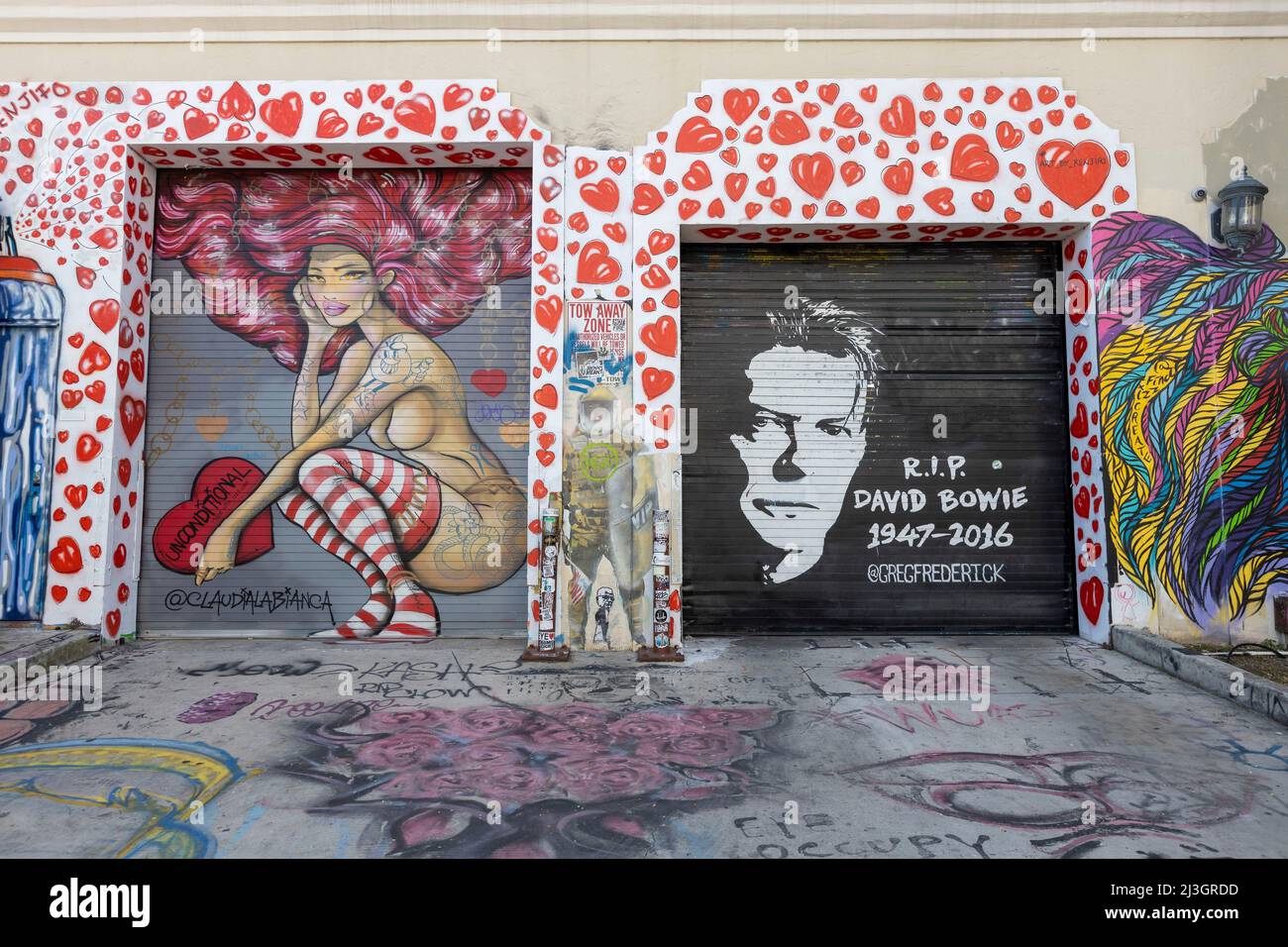 United States, Florida, Miami, black and white mural of David Bowie by artist Greg Frederik in the Wynwood district Stock Photo