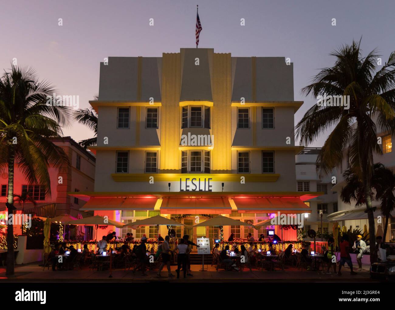 United States, Florida, Miami, Art Deco facade at night on Ocean Drive