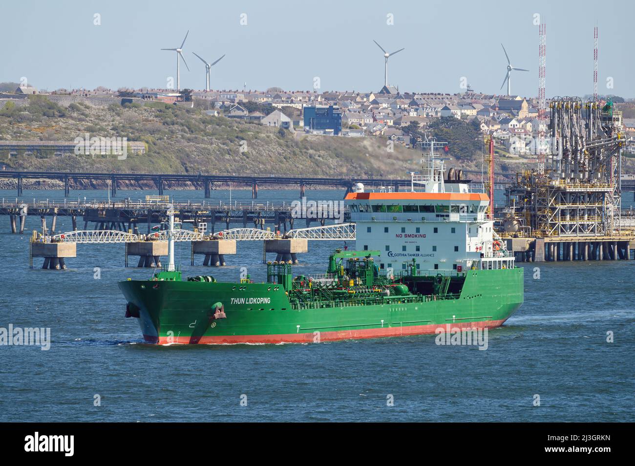 The tanker Thun Lidkoping sailing from the oil storage depot at Milford Haven - April 2021. Stock Photo