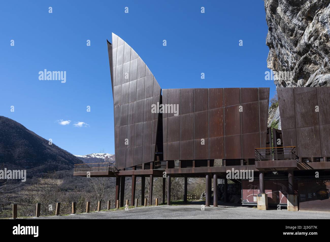 France, Ariege, Pyrenees massif, Tarascon sur Ariege, steel building of the entrance to the decorated prehistoric cave of Niaux Stock Photo