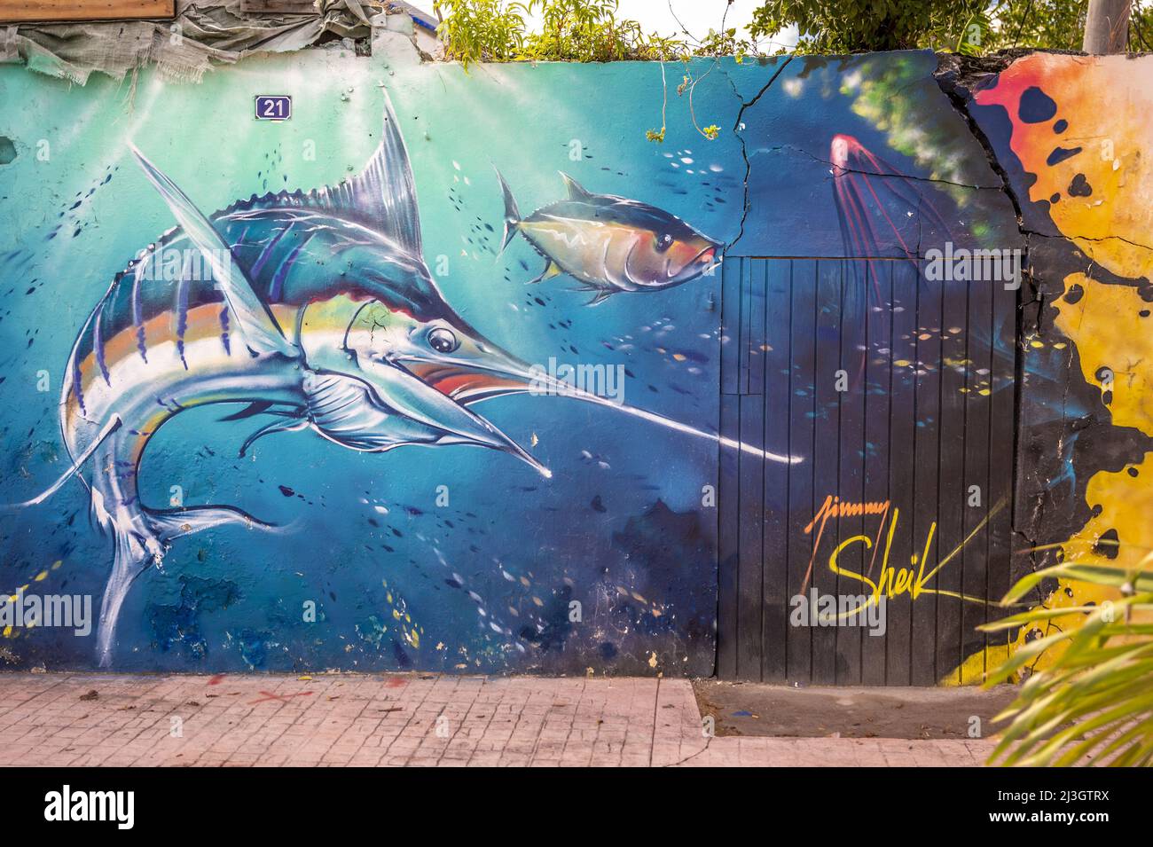 France, Lesser Antilles, French West Indies, Saint-Martin, Marigot, Marlin hunting in an underwater landscape, work by Indo-Guadeloupean street artist Jimmy SHEIKBOUDHOU Stock Photo