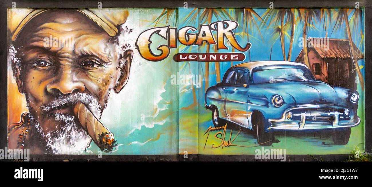 France, Lesser Antilles, French West Indies, Saint-Martin, Grand-Case, Cuban atmosphere, work of Indo-Guadeloupean street artist Jimmy SHEIKBOUDHOU Stock Photo