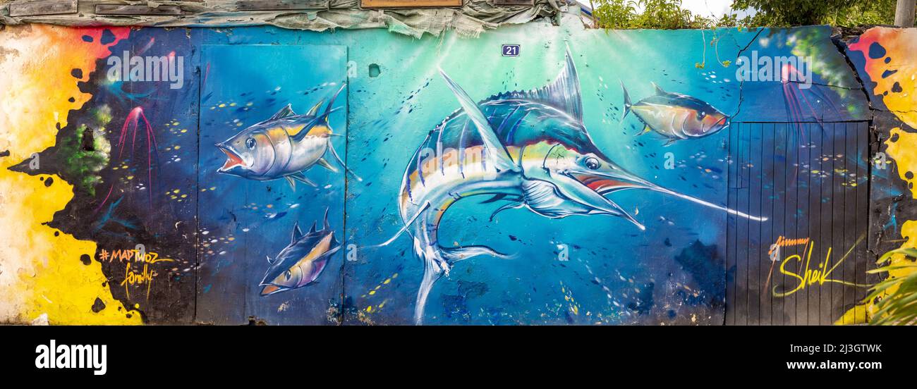 France, Lesser Antilles, French West Indies, Saint-Martin, Marigot, Marlin hunting in an underwater landscape, work by Indo-Guadeloupean street artist Jimmy SHEIKBOUDHOU, panoramic view Stock Photo